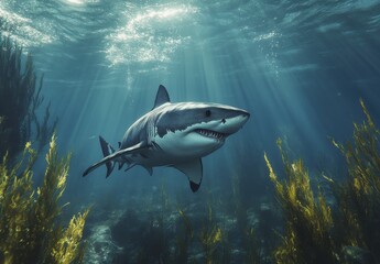 Fototapeta premium Majestic Great White Shark Gliding Through Sunlit Ocean Waters Surrounded by Lush Kelp Forest and Radiant Sunbeams