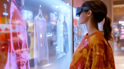 iot smart retail futuristic technology concept, happy man try to use smart display with virtual or augmented reality  in the shop or retail to choose select ,buy cloths and give a rating of products 