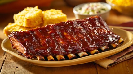 Obraz premium Photo of, A plate of tender slow-cooked barbecue ribs glazed with a tangy sauce, Ribs on plate