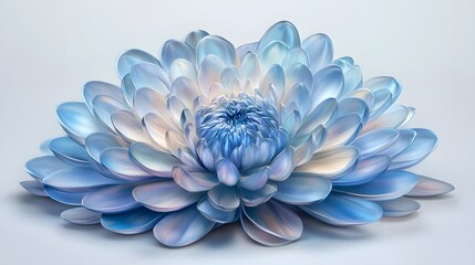 Obraz premium A vibrant, stylized, light blue chrysanthemum flower with iridescent petals, set against a soft light gray background.