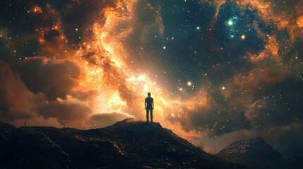 Fototapeta premium A solitary figure gazes at a vibrant cosmic landscape.
