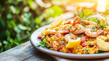 Photo of, A plate of traditional Spanish paella with saffron-infused rice, seafood