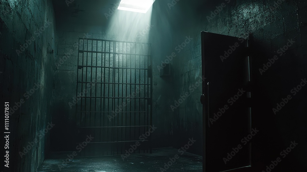 Poster dark and gloomy prison cell with light streaming from open hatch, creating a haunting atmosphere of 