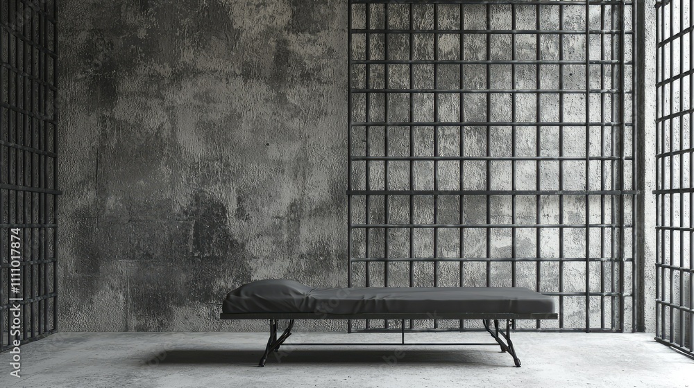Poster dark and minimalistic room with metal bed in grungy environment reflecting isolation and desolation,