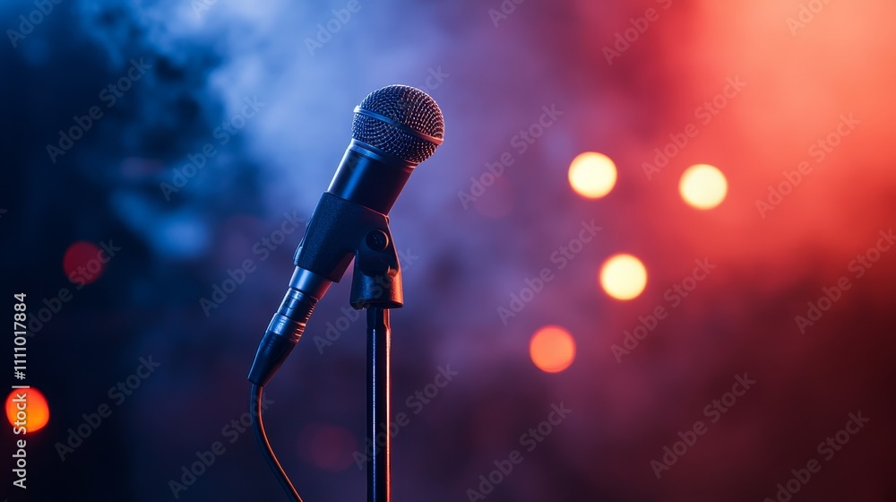 Poster a microphone on a stand with colorful lighting and smoke in the background, suggesting a performance