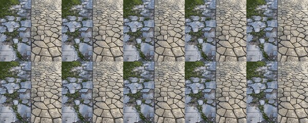 seamless pattern of Grey and beige stone pavement textures  cracked, overgrown, and new  nature versus urban renewal concept 