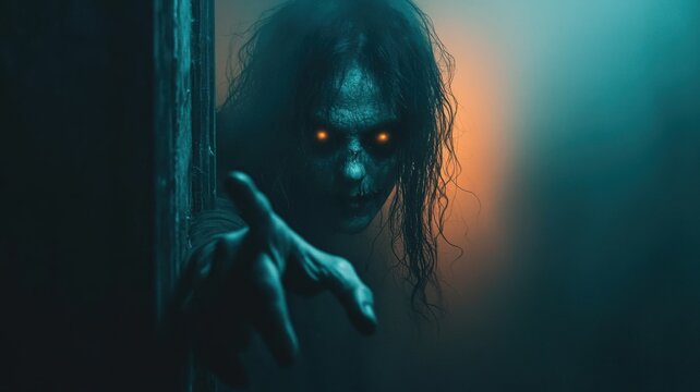 Haunting encounter supernatural entity emerges dark room horror scene eerie atmosphere frightening perspective