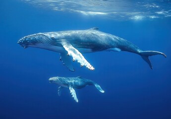 Fototapeta premium Majestic Humpback Whales Swimming Gracefully Beneath the Ocean Surface in Crystal Clear Waters, Showcasing Nature's Aquatic Wonders and Marine Life
