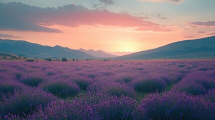Serene Lavender Field at Sunset with Majestic Mountains and Colorful Skies, Capturing Nature's Beauty in a Tranquil Landscape Scene