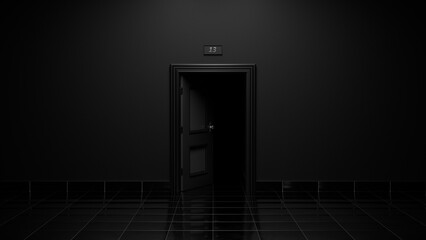 Open Door to a Dark Room in a Luxury Hotel with Black Tiles, labeled room 13, in a 3D render.