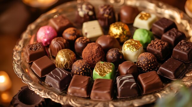 Photo of, A platter of assorted artisanal chocolates featuring truffles, pralines