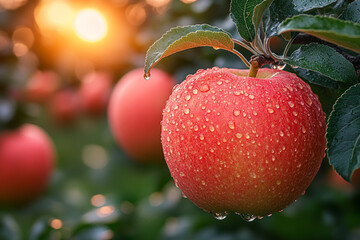 Obraz premium A Dew Covered Red Apple Hanging On A Tree Branch