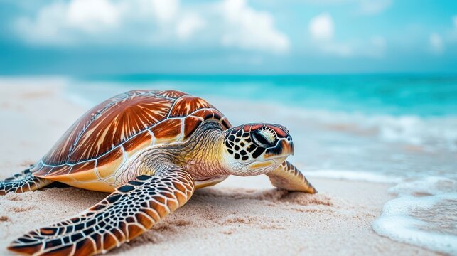 sea turtle slowly crawling across a sandy beach towards the ocean