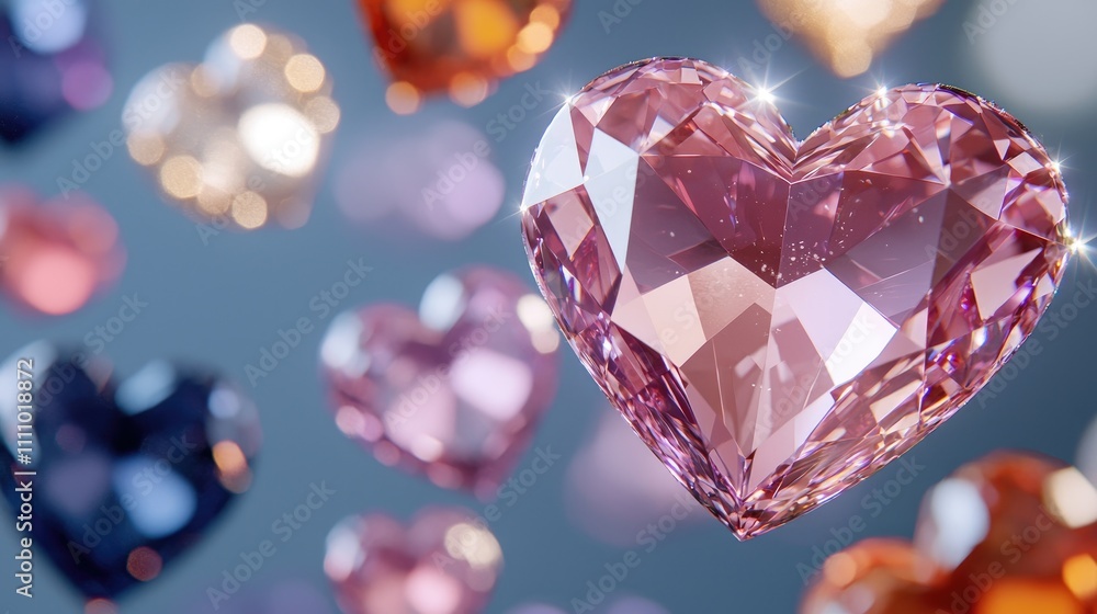 Poster colorful 3d heart made of gemstones in vivid hues with sparkling reflections and dynamic depth for v