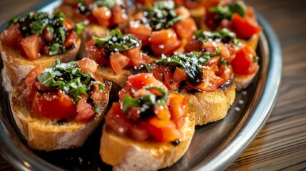 Photo of, A platter of assorted bruschetta topped with diced tomatoes, basil pesto