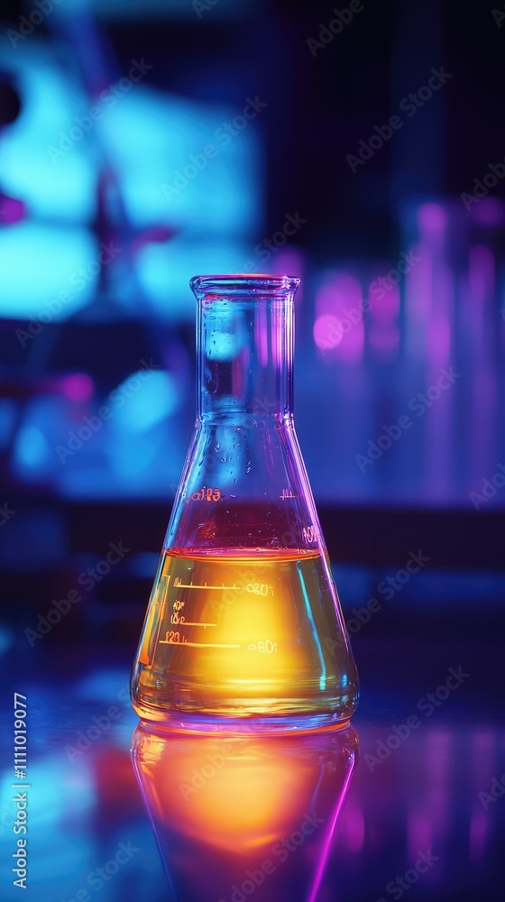 Poster colorful laboratory flask with bright liquid illuminated by neon lights in a science experiment sett