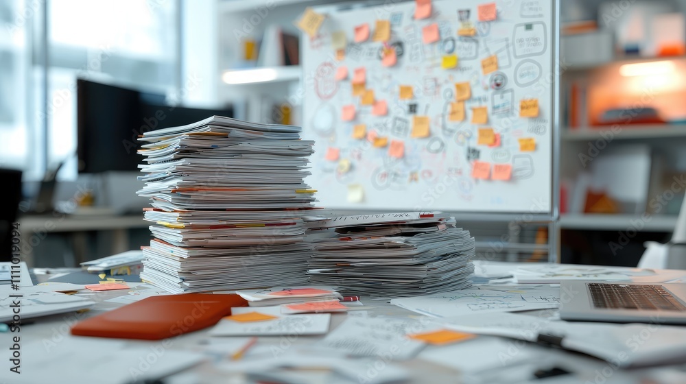 Poster chaotic yet energized office workspace with piles of paper and sticky notes, highlighting creative i