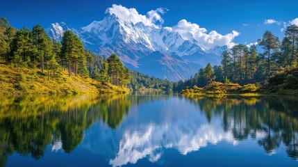 Fototapeta premium Majestic Mountain Landscape with Clear Reflections in Tranquil Lake Surrounded by Lush Green Pine Trees and Snow-Capped Peaks Under a Bright Blue Sky