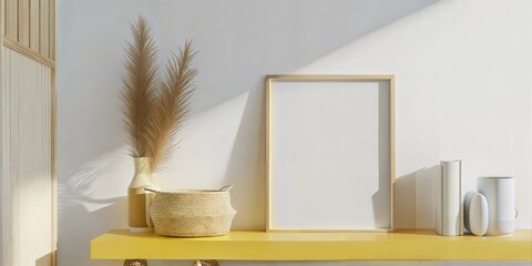 Empty wooden frame on yellow shelf with pampas grass in vase and books in natural light. Minimalist interior decor. Design for poster, print, invitation, greeting card. 