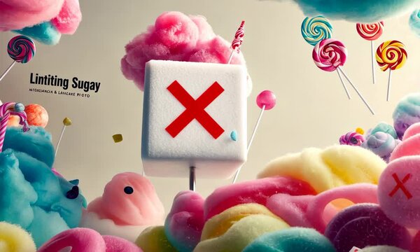 No sugar. Limiting sugar banner. Reduce sugar consumption concept. Diet with low sugar. Sweets limit. Ban on sweet meal. Animation