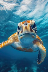 Obraz premium Majestic Sea Turtle Swimming Gracefully in Crystal Clear Ocean Waters with Sunlight Filtering Through, Showcasing Intricate Patterns and Natural Beauty Underwater