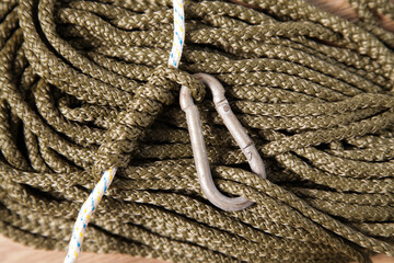 Carabiner and Rope. Grasping Oblique. Austrian Klemheist Knot. Climbing and Nautical Applications.