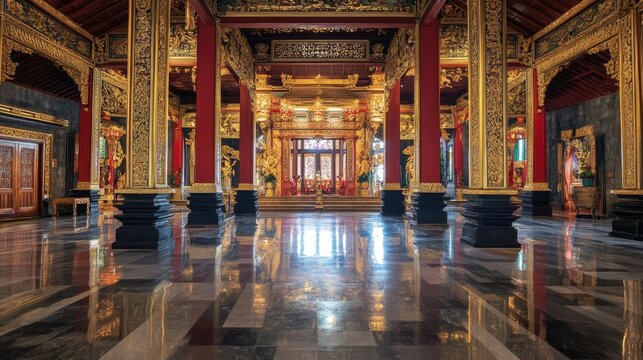 Yogyakarta, Indonesia - October 14th 2018 : Interior of the reception hall Bangsal Kencana / Golden Pavilion of the Sultan's Palace / Kraton , Yogyakarta Indonesia