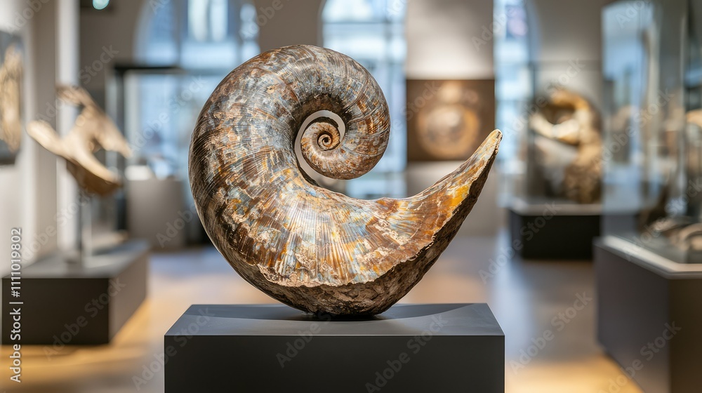 Poster stunning ammonite fossil on display in modern museum, showcasing unique patterns and colors, captiva