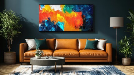 A stylish living room featuring a colorful abstract painting.