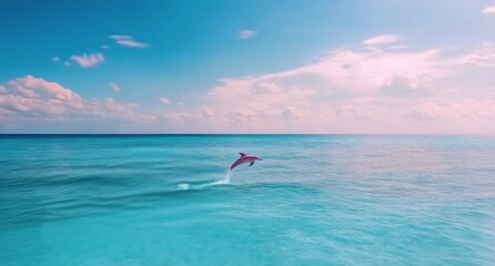 Naklejka premium Dolphin leaps gracefully above crystal clear waters during a peaceful aquatic moment