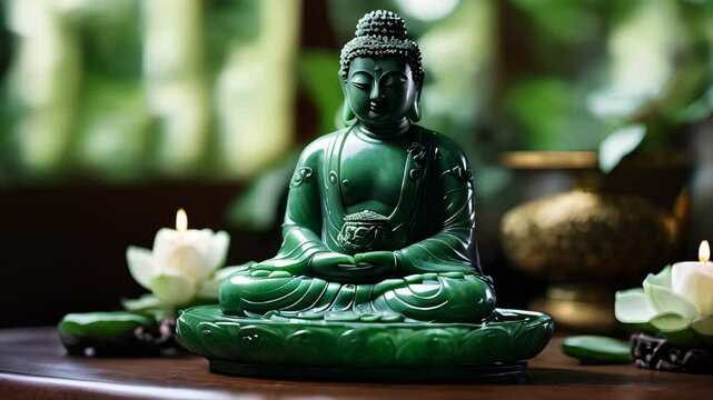 A green jade Buddha statue sits in a tranquil space, surrounded by candles and blooming lotus flowers, creating a peaceful atmosphere.