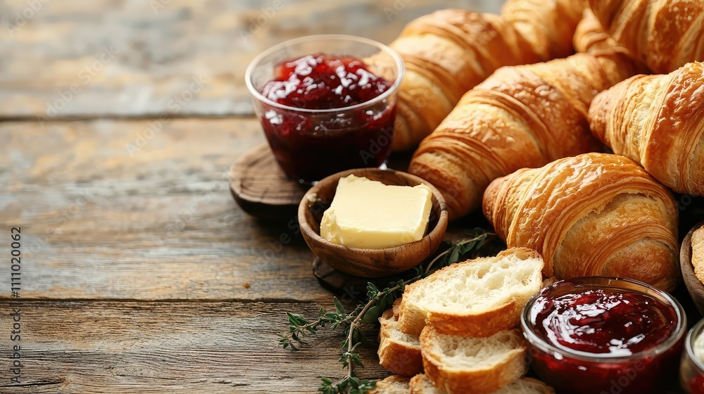 Poster freshly baked croissants with butter and jam on a rustic wooden table surrounded by slices of bread 