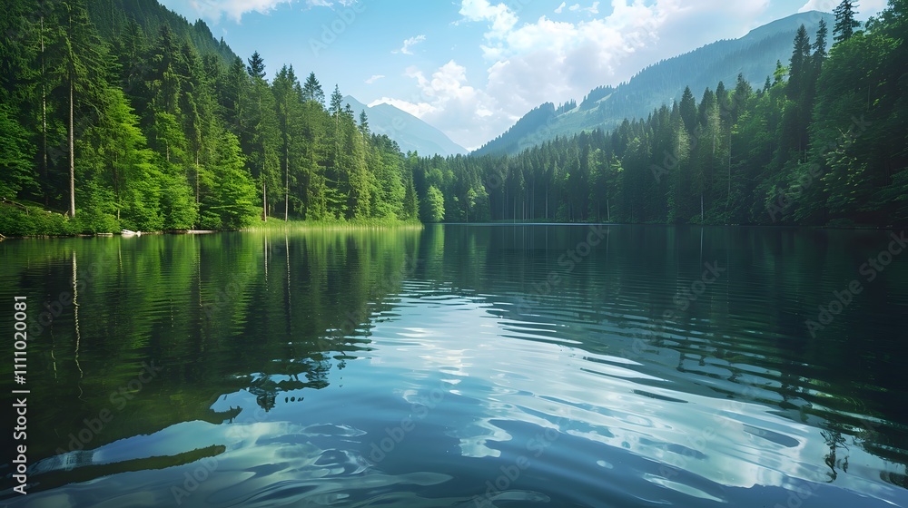 Poster serene tranquil lake surrounded by lush green forests and majestic mountains under a clear blue sky 