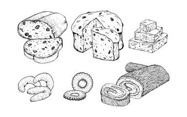 A vector set of detailed black and white ink illustrations featuring various Christmas baked goods: stollen, panettone, nougat turron, Linzer and vanill crescent shaped cookies and buche de Noel. 2025