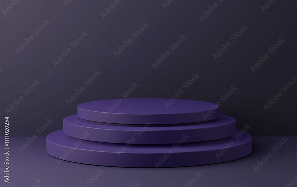Aufkleber Display of three purple circular platforms arranged in a gradient against a dark background for showcasing products or art
