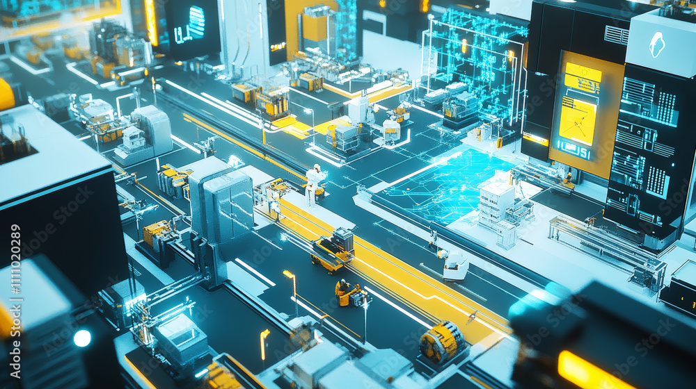 Poster smart factory which use futuristic technology which combine big data, iot, 5g, machine deep learning