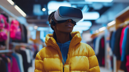 Obraz premium Black Woman Using Virtual Reality Headset for Online Shopping, Browsing through Stylish Seasonal Sports items. Ordering from Mock-up Internet Store for e-Commerce products. Augmented Reality