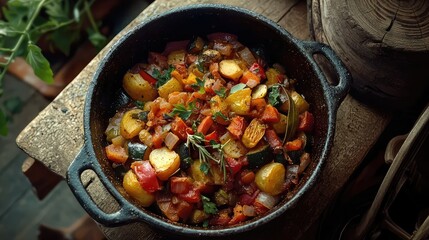 Colorful Vegetable Medley in Cast Iron Pot with Fresh Herbs and Rustic Ambiance, Perfect for Vegetarian Dishes and Healthy Cooking Inspiration