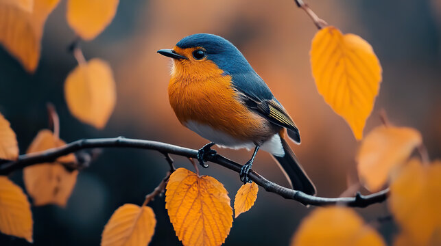 Fototapeta A cute orange bird sitting on an autumn branch
