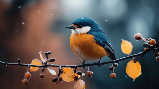Fototapeta A cute orange bird sitting on an autumn branch