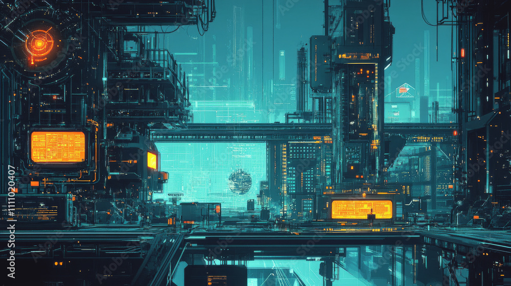 Poster smart factory which use futuristic technology which combine big data, iot, 5g, machine deep learning