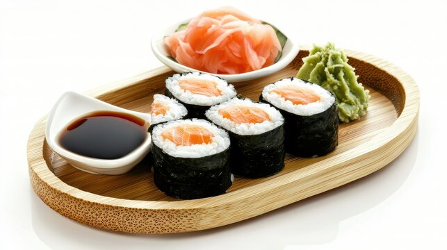 Delicious sushi platter featuring salmon rolls, pickled ginger, wasabi, and soy sauce served on a bamboo tray, perfect for food lovers and culinary enthusiasts.