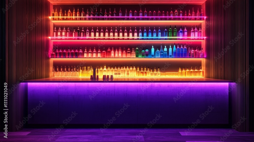 Poster a colorful bar shelf displaying various bottles illuminated with vibrant neon light.