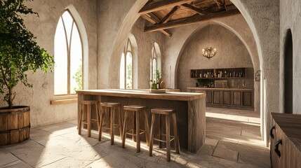 Modern-Medieval Fusion: Breakfast Bar with Rustic Accents and Medieval Decor for Casual Dining | Ultra-Detailed Interior Design Concept