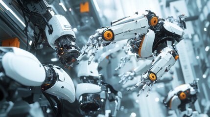 Fototapeta premium Row of White Robotic Arms at Automated Production Line at Factory. Electric Car Manufacturing Line. Industrial Robot Arms Assemble Lithium-Ion EV Battery Pack. Inside Automotive Smart Factory