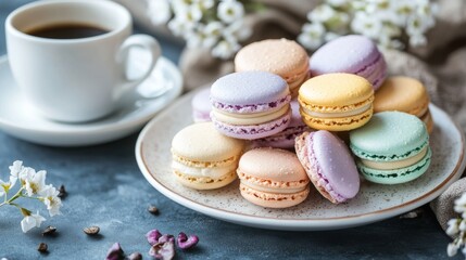 Photo of, A platter of assorted macarons in pastel colors, Macarons on platter