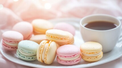 Fototapeta premium Photo of, A platter of assorted macarons in pastel colors, Macarons on platter