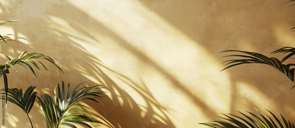 Aufkleber Sunlight filters through leaves casting shadows on a warm wall, creating a serene atmosphere in a natural setting