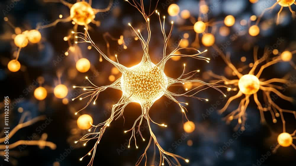 Poster neurons in bright yellow glow interacting with synapses in a digital representation of brain connect