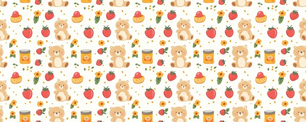 Obraz premium seamless pattern of Adorable teddy bears strawberries honey red yellow cute kids background 